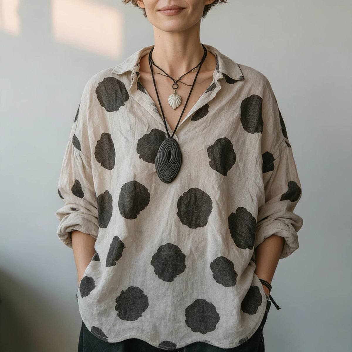 Polka Dot Cotton-Linen V-Neck Blouse