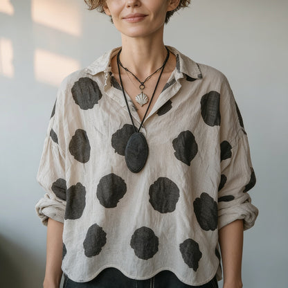 Polka Dot Cotton-Linen V-Neck Blouse