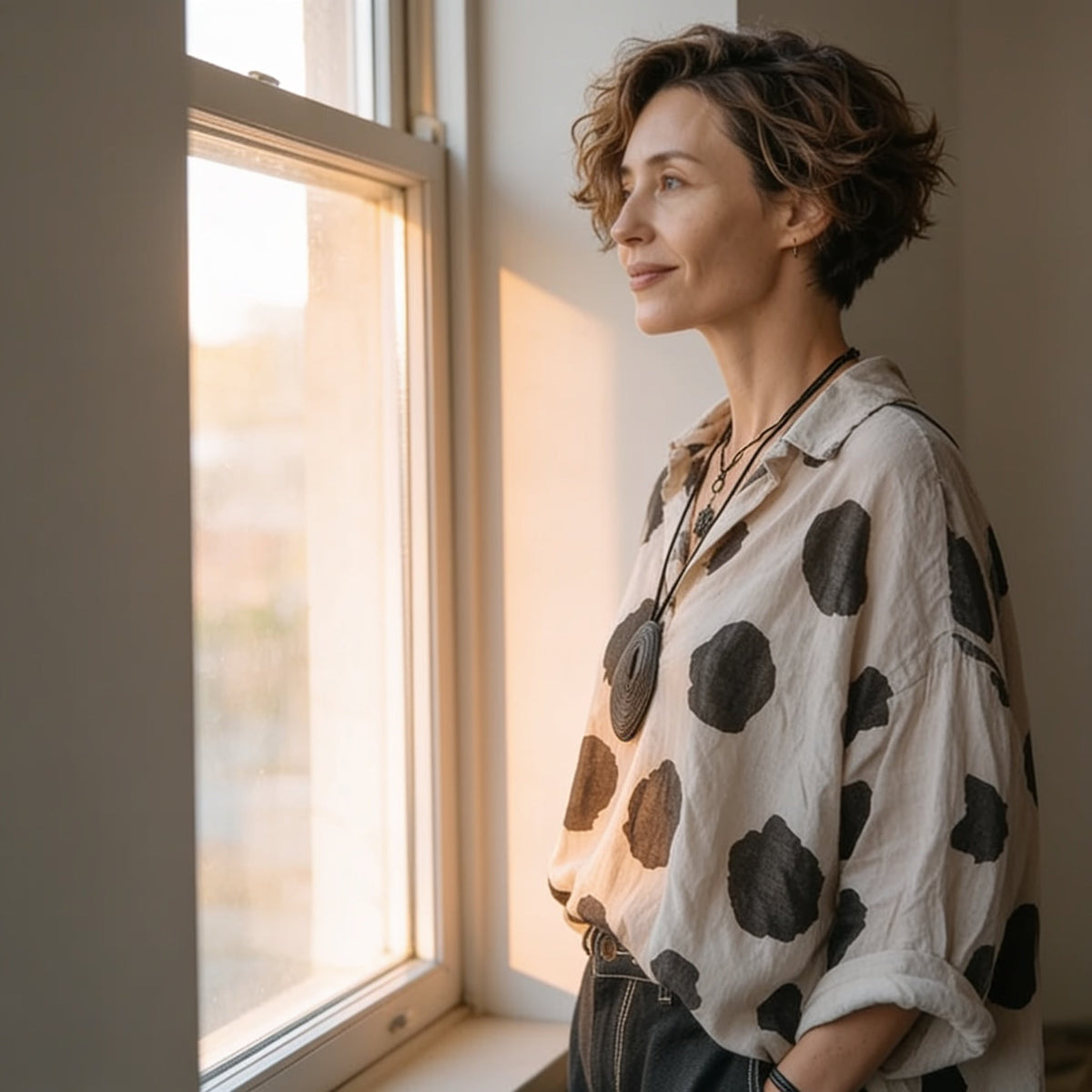 Polka Dot Cotton-Linen V-Neck Blouse