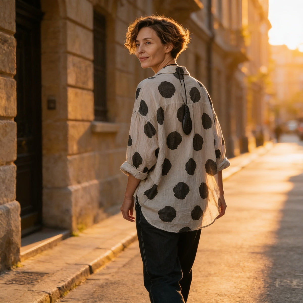Polka Dot Cotton-Linen V-Neck Blouse