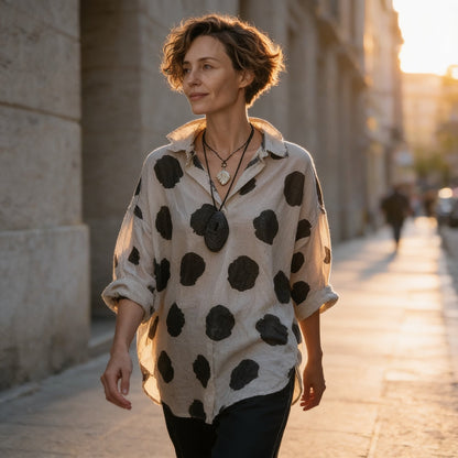 Polka Dot Cotton-Linen V-Neck Blouse