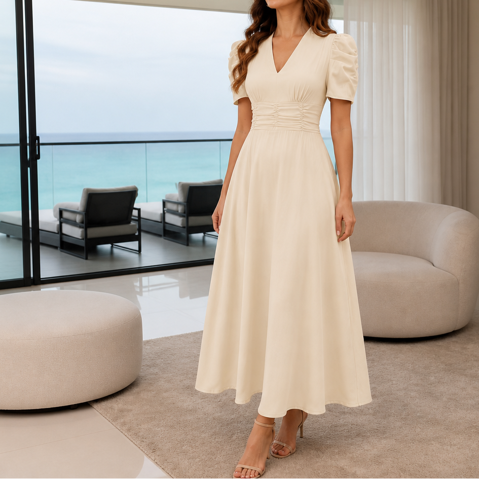 Ruched Waist Puff Sleeve V-Neck Midi Dress