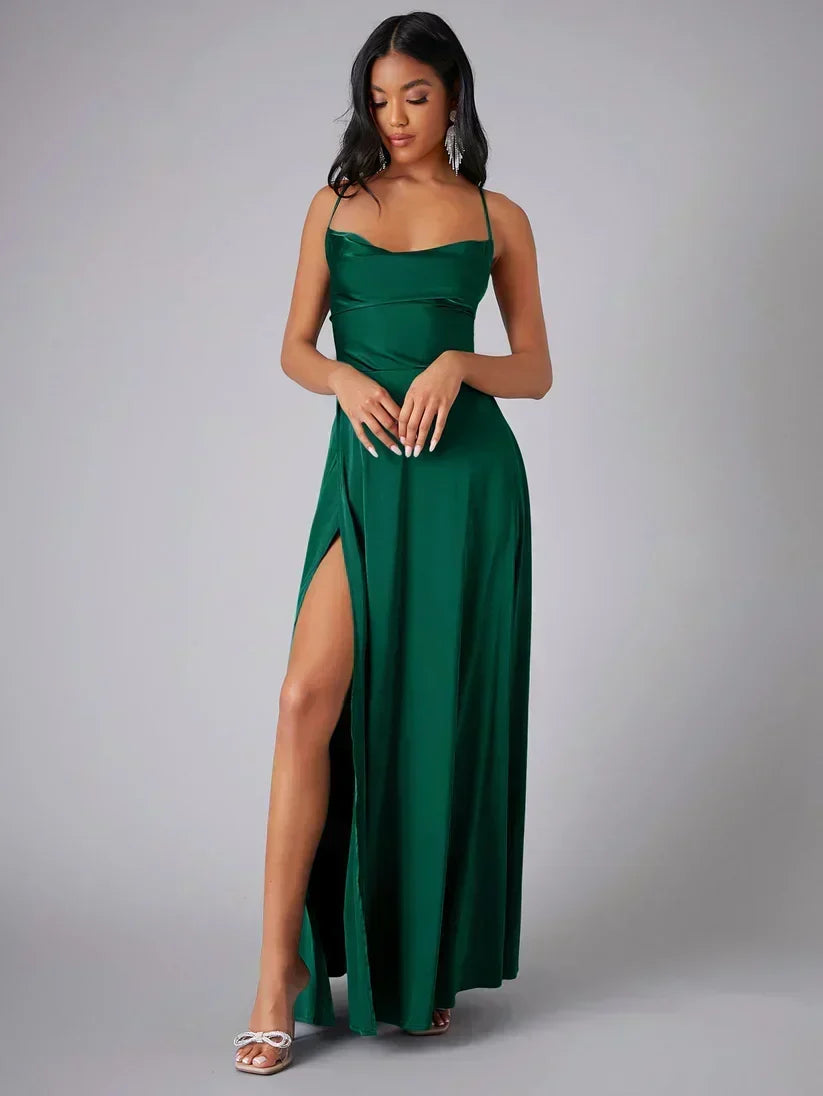 Satin Evening Dress with High Slit and Open Back