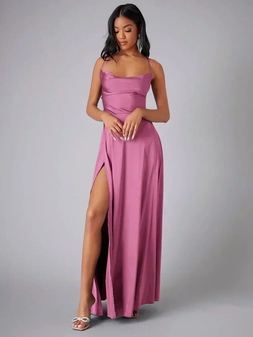 Satin Evening Dress with High Slit and Open Back