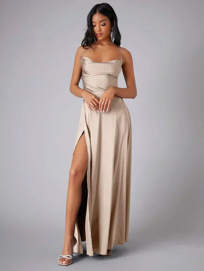 Satin Evening Dress with High Slit and Open Back