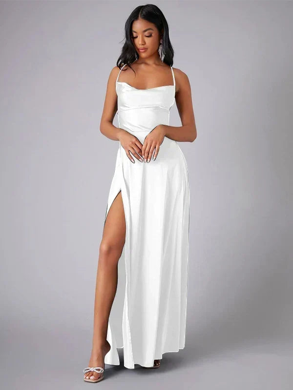 Satin Evening Dress with High Slit and Open Back