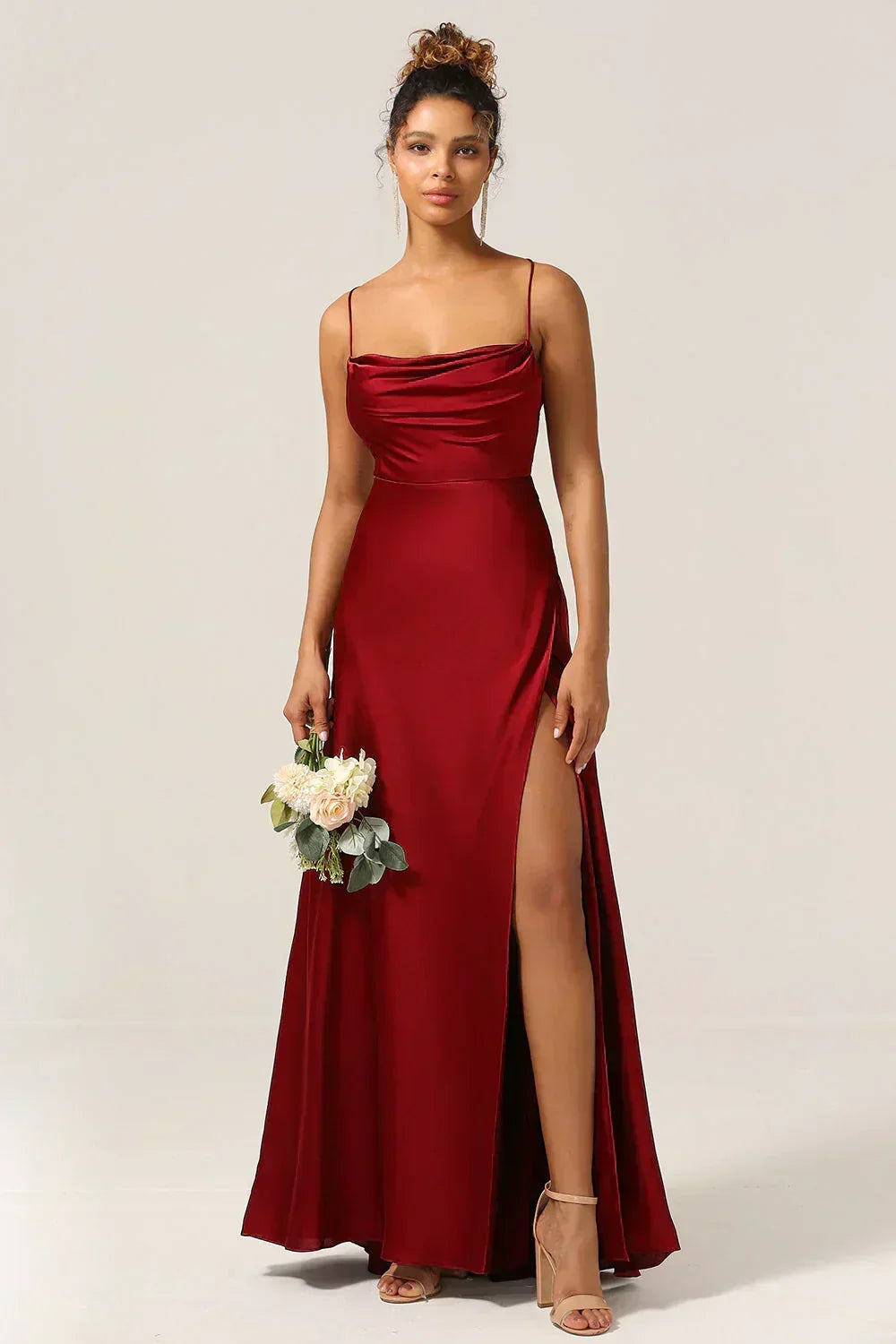 Satin Evening Dress with High Slit and Open Back