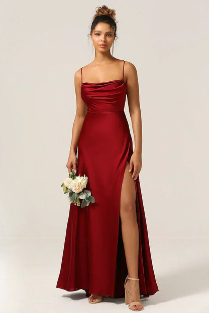 Satin Evening Dress with High Slit and Open Back