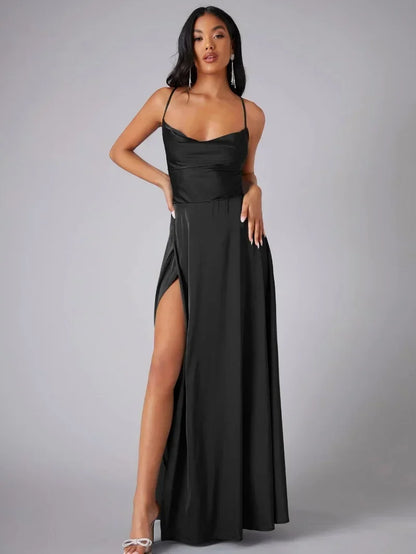 Satin Evening Dress with High Slit and Open Back