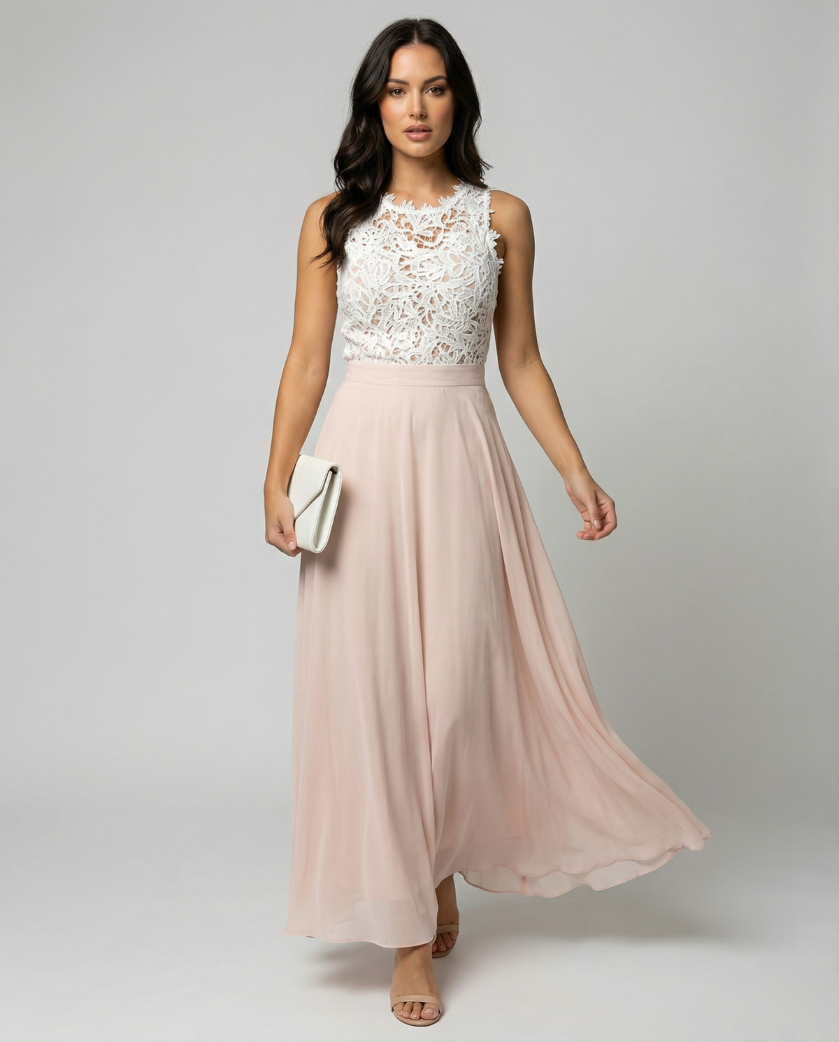 Sleeveless Dress with Elegant Lace Bodice and Flowing Maxi Skirt, Festive Occasion Wear