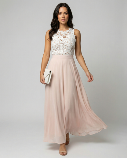 Sleeveless Dress with Elegant Lace Bodice and Flowing Maxi Skirt, Festive Occasion Wear