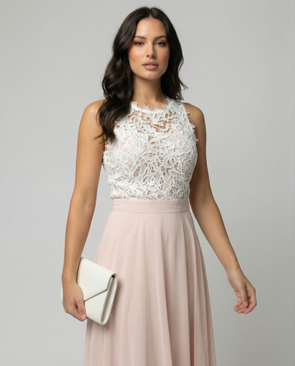 Sleeveless Dress with Elegant Lace Bodice and Flowing Maxi Skirt, Festive Occasion Wear