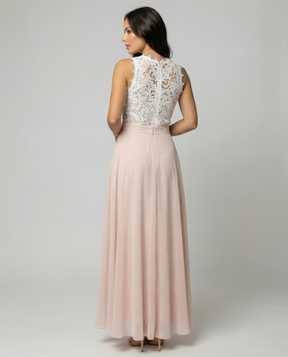 Sleeveless Dress with Elegant Lace Bodice and Flowing Maxi Skirt, Festive Occasion Wear