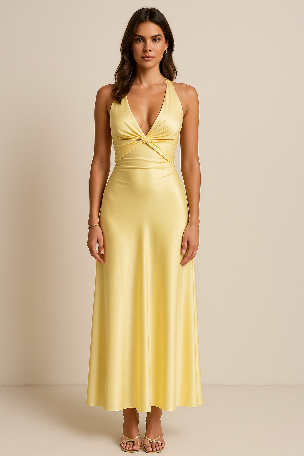 Sleeveless Floor-Length Satin Halter Maxi Dress with Fitted Waist