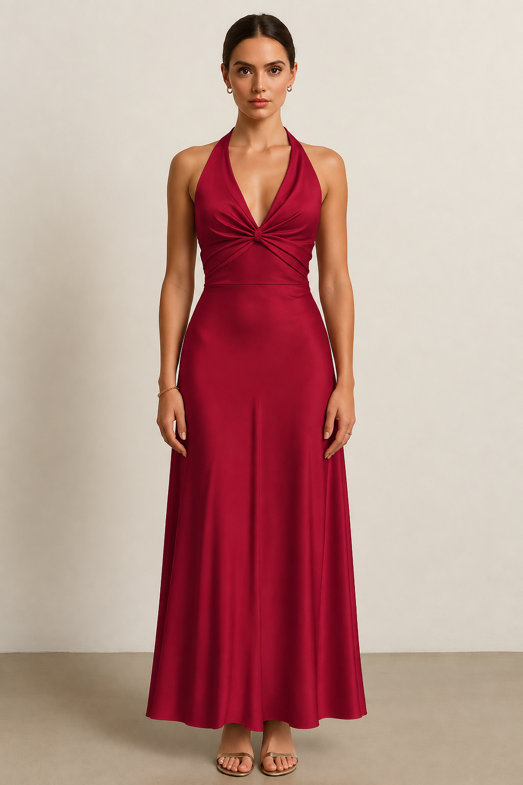 Sleeveless Floor-Length Satin Halter Maxi Dress with Fitted Waist