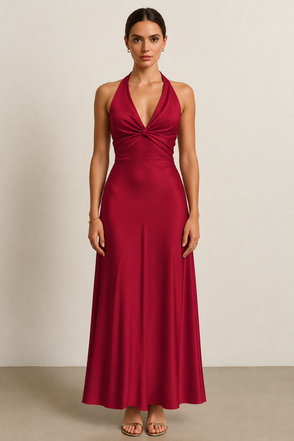 Sleeveless Floor-Length Satin Halter Maxi Dress with Fitted Waist