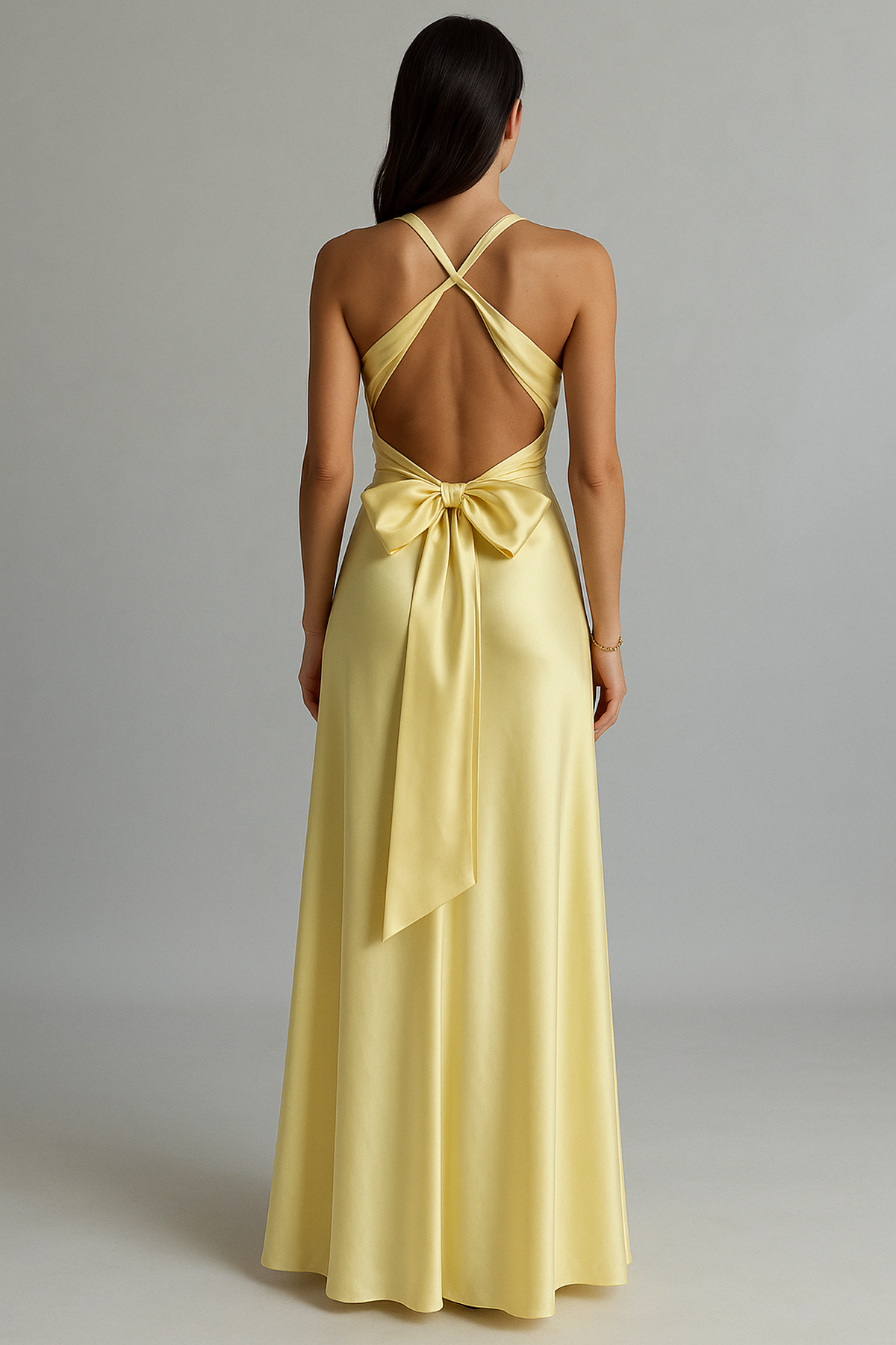 Sleeveless Floor-Length Satin Halter Maxi Dress with Fitted Waist