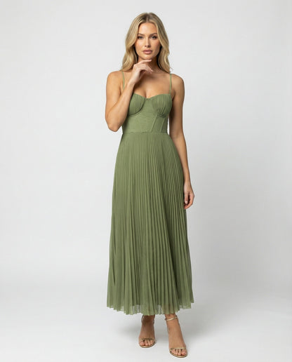 Sleeveless Midi Dress with Pleated Tulle Bustier