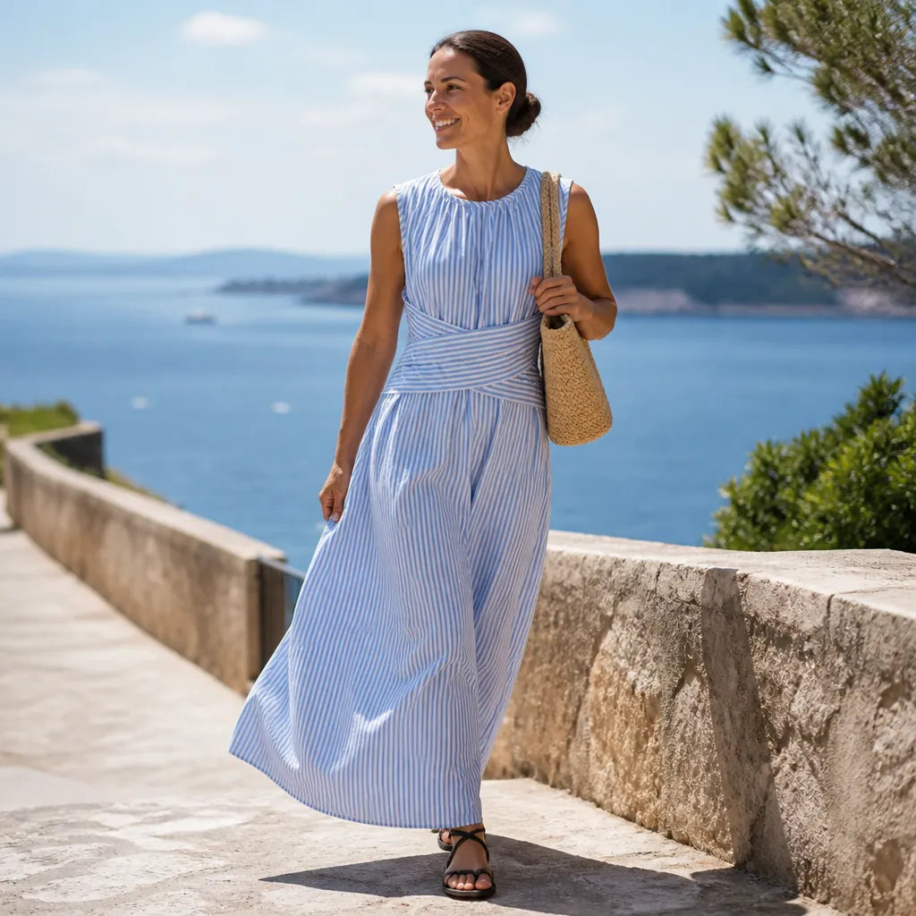 Sleeveless Striped Wrap-Waist Maxi Dress