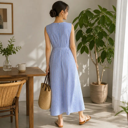 Sleeveless Striped Wrap-Waist Maxi Dress