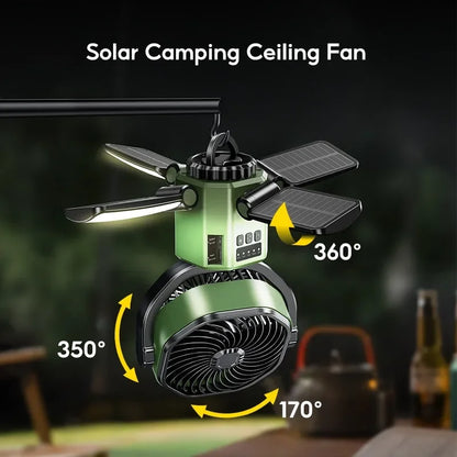 Solar Camping Fan with 6000 mAh Battery, LED Light and 4-Speed Settings