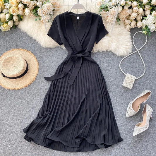 Solid Color High-Waisted Pleated Knee-Length V-Neck Dress