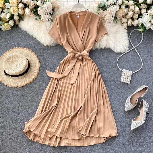 Solid Color High-Waisted Pleated Knee-Length V-Neck Dress