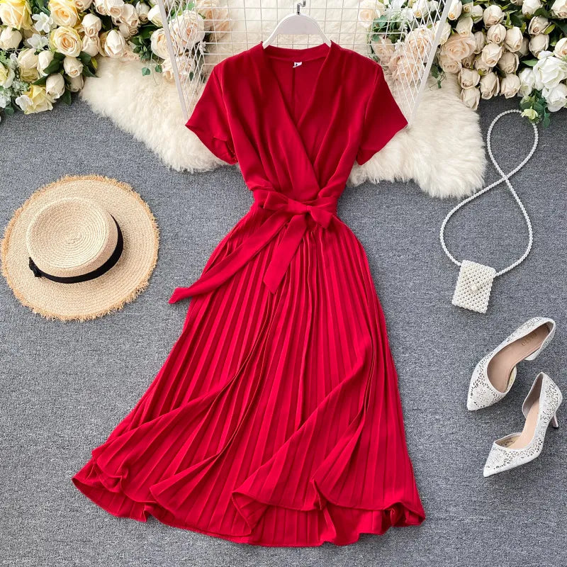 Solid Color High-Waisted Pleated Knee-Length V-Neck Dress