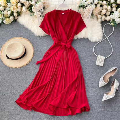 Solid Color High-Waisted Pleated Knee-Length V-Neck Dress