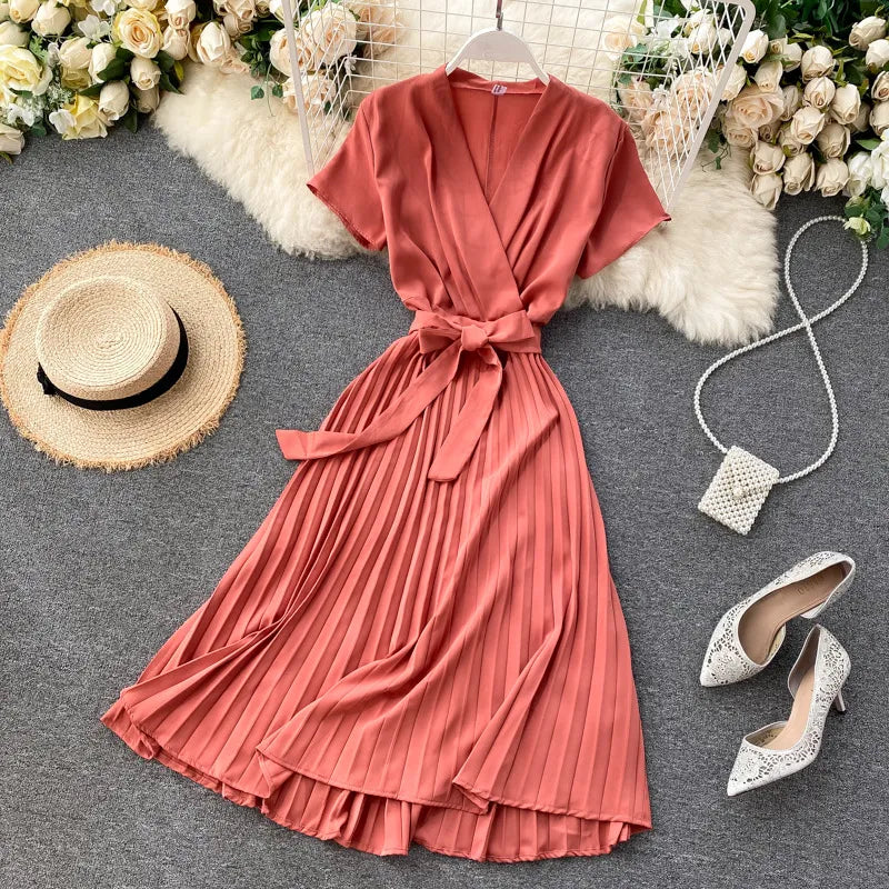 Solid Color High-Waisted Pleated Knee-Length V-Neck Dress
