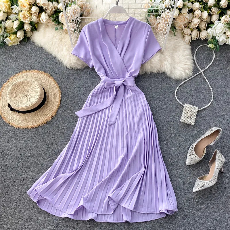 Solid Color High-Waisted Pleated Knee-Length V-Neck Dress