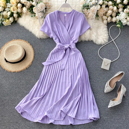 Solid Color High-Waisted Pleated Knee-Length V-Neck Dress