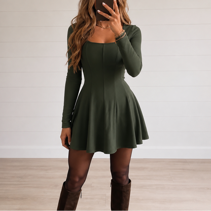 Square Neck Long Sleeve A-Line Mini Dress
