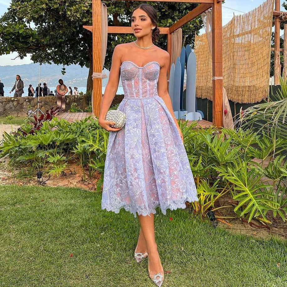 Strapless Lace Midi Dress with Corset Bodice