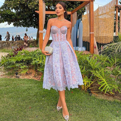 Strapless Lace Midi Dress with Corset Bodice