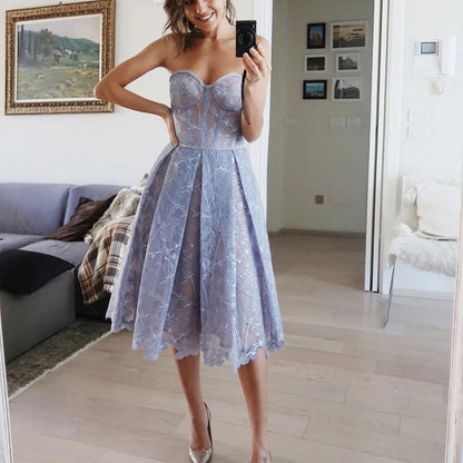 Strapless Lace Midi Dress with Corset Bodice