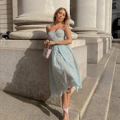 Strapless Lace Midi Dress with Corset Bodice