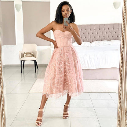 Strapless Lace Midi Dress with Corset Bodice