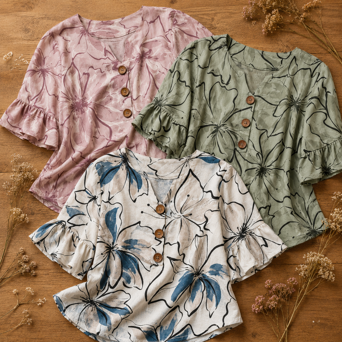 Watercolor Floral Ruffle Sleeve V-Neck Blouse