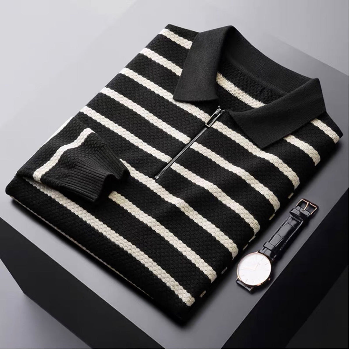 Wes | Men's Zipper Striped Polo Shirt