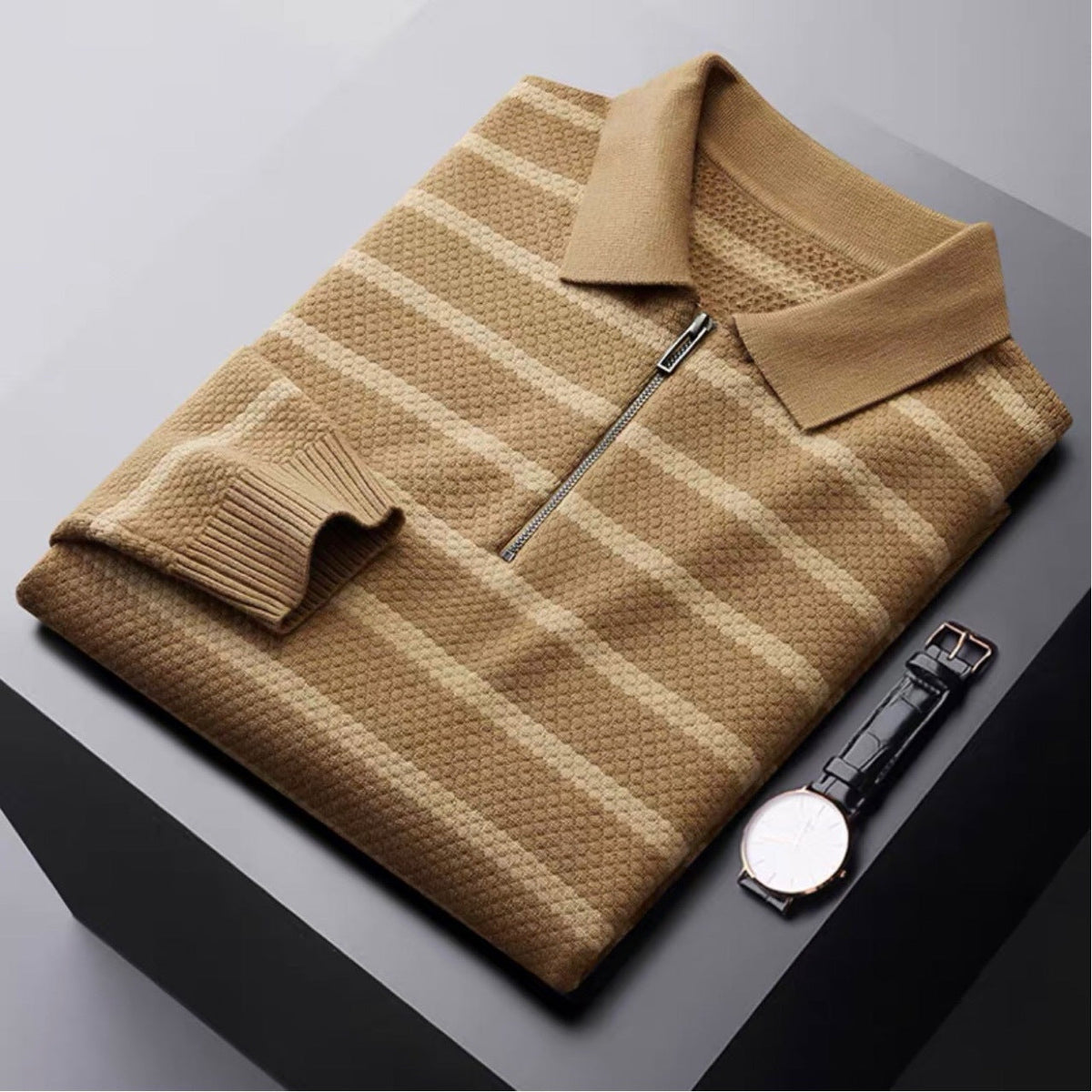 Wes | Men's Zipper Striped Polo Shirt