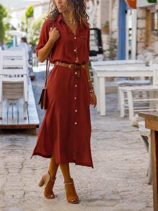 Women's Belted Shirt Midi Dress