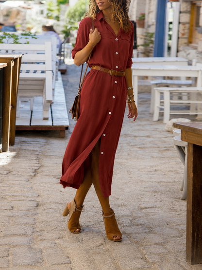 Women's Belted Shirt Midi Dress