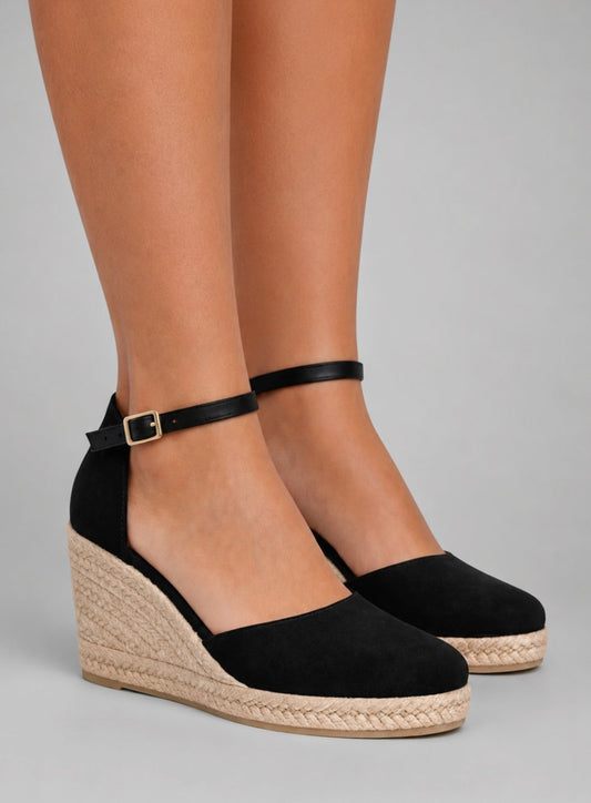 Women's Black Closed-Toe Espadrille Wedge Sandals with Ankle Strap