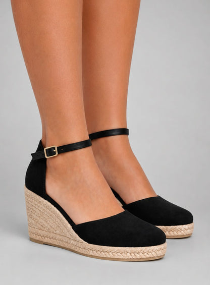 Women's Black Closed-Toe Espadrille Wedge Sandals with Ankle Strap