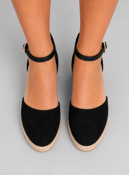 Women's Black Closed-Toe Espadrille Wedge Sandals with Ankle Strap