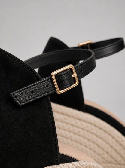 Women's Black Closed-Toe Espadrille Wedge Sandals with Ankle Strap