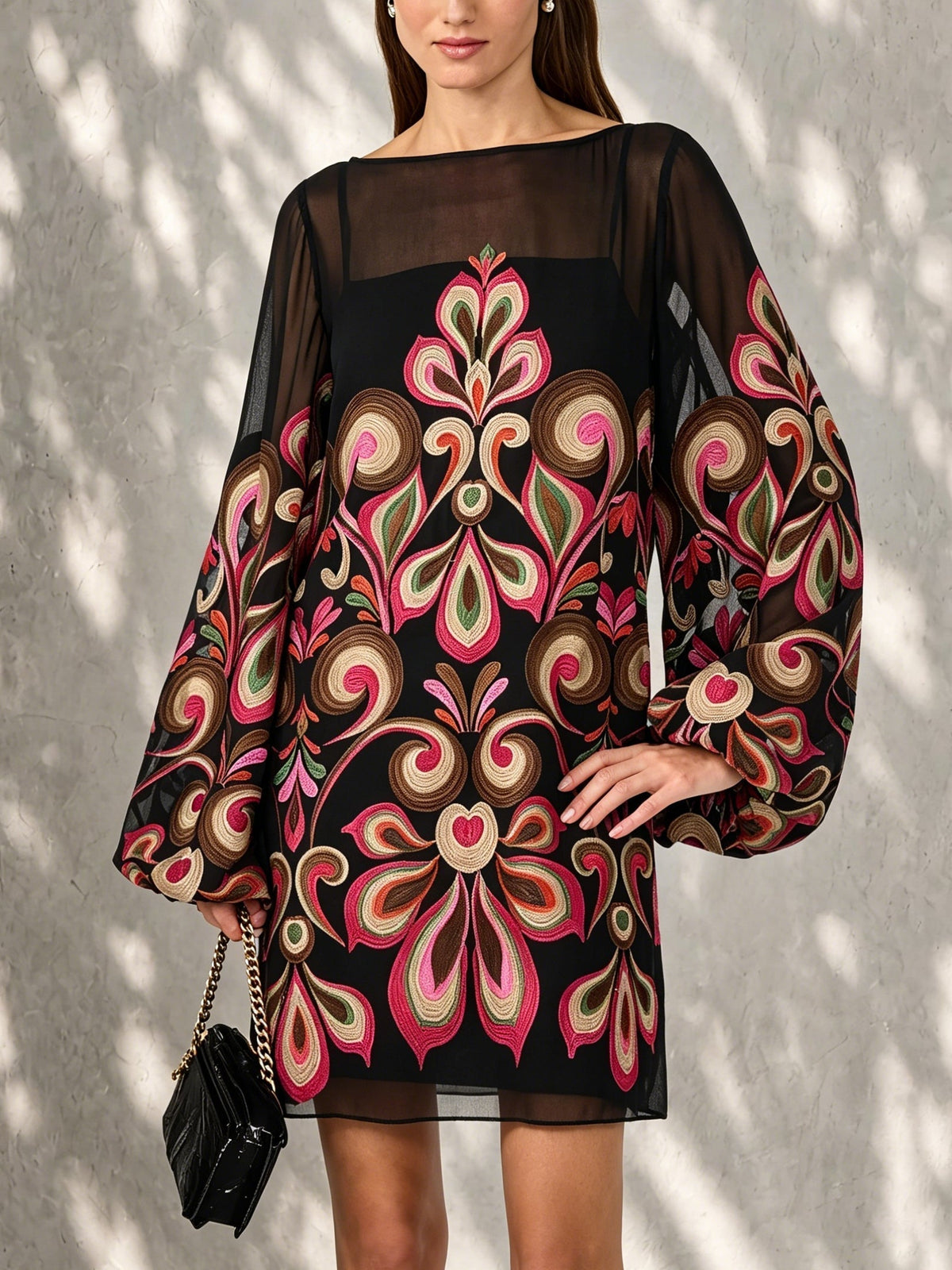 Women's Black Floral Mini Dress with Sheer Balloon Sleeves