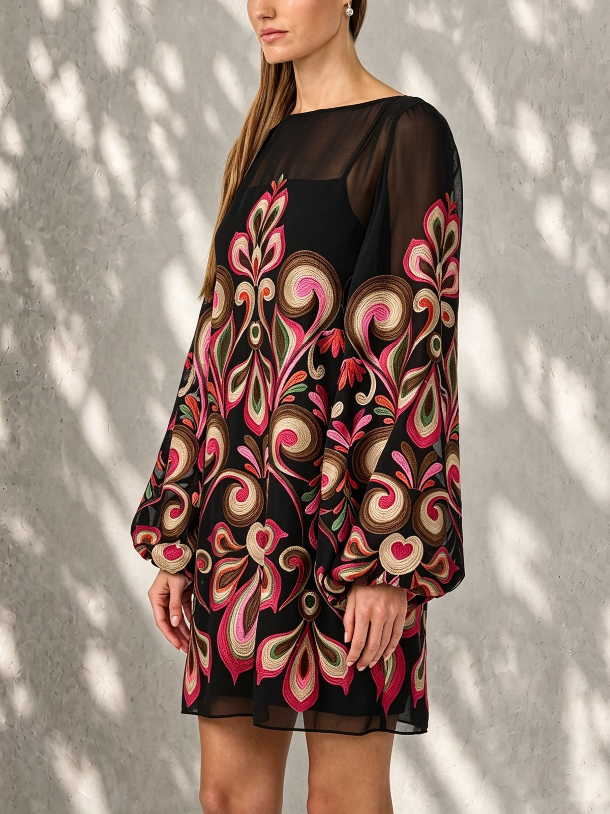Women's Black Floral Mini Dress with Sheer Balloon Sleeves