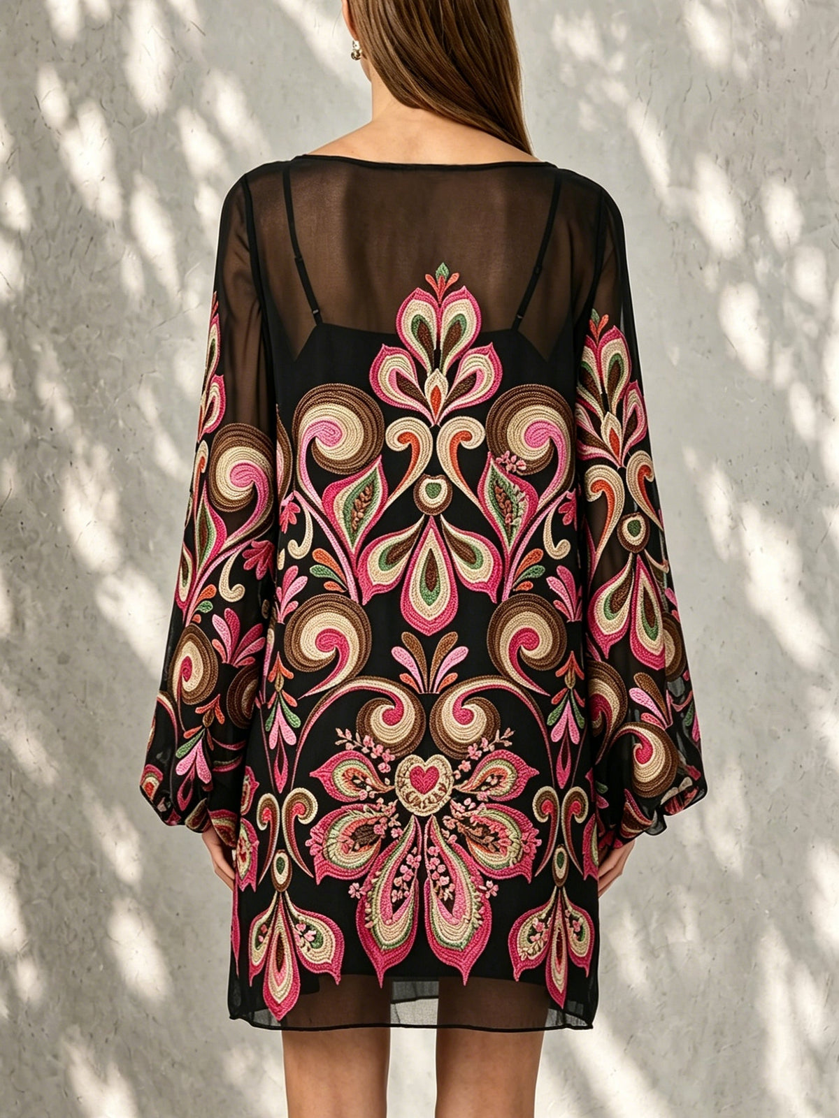 Women's Black Floral Mini Dress with Sheer Balloon Sleeves